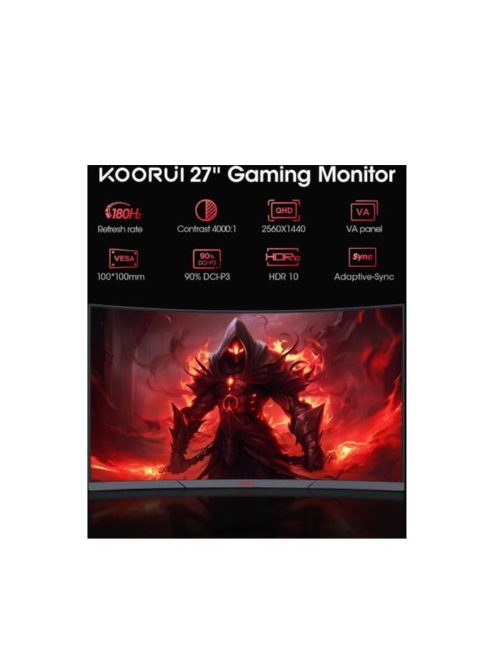 KOORUI - KOORUI 27E6QCA Gaming Curved Monitor, 27" QHD VA Display, 180Hz Refresh Rate, 1ms Response Time, Adaptive-Sync Technology, 1500R Curvature, 16.7m Color Display, Black | 27E6QCA - Image 1