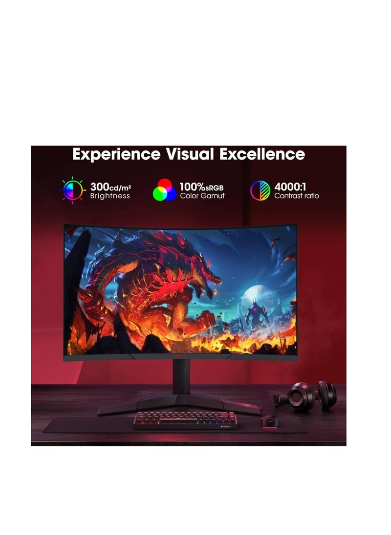 KOORUI - KOORUI 27E6QCA Gaming Curved Monitor, 27" QHD VA Display, 180Hz Refresh Rate, 1ms Response Time, Adaptive-Sync Technology, 1500R Curvature, 16.7m Color Display, Black | 27E6QCA - Image 1