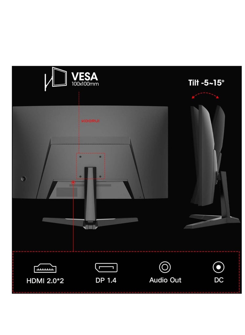 KOORUI - KOORUI 27E6QCA Gaming Curved Monitor, 27" QHD VA Display, 180Hz Refresh Rate, 1ms Response Time, Adaptive-Sync Technology, 1500R Curvature, 16.7m Color Display, Black | 27E6QCA - Image 1