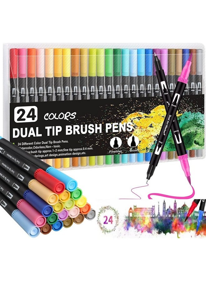 FI FIDROXIMPERIA Fidrox Premium 24 Set Sketch Pen Set Drawing Pen Dual Tip Brush Pens Markers for Drawing Brush Pens 24 Shades Art Markers Set Fineliner Color Pens Water Based Marker for Calligraphy Drawing Sketching - Image 1