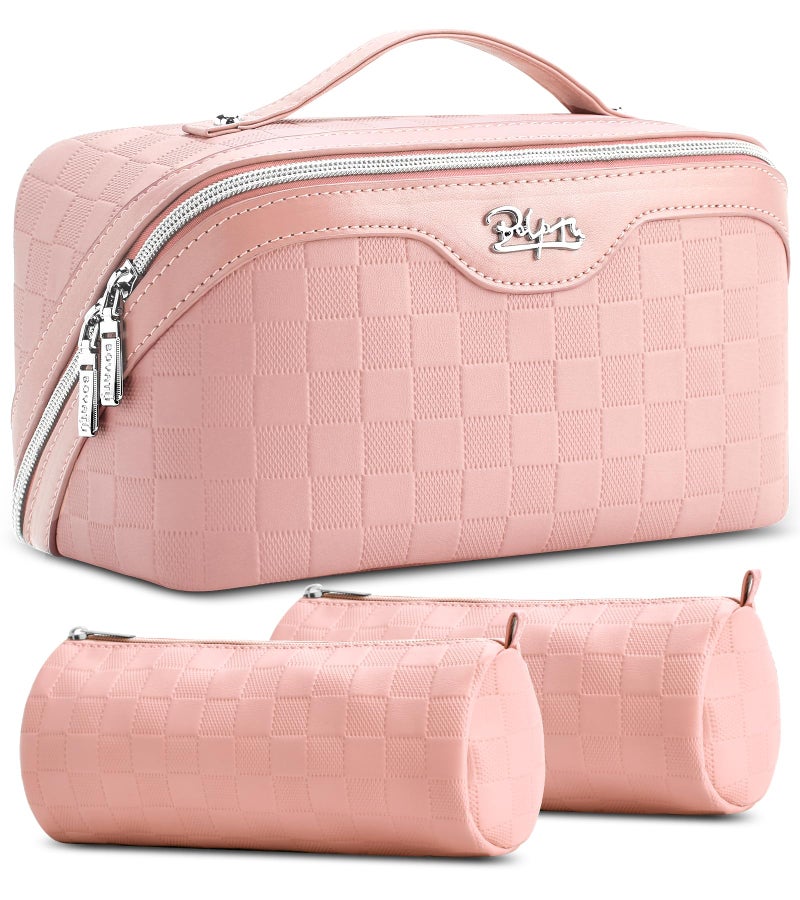 BOYATU Travel Makeup Bags for Women: Sweet Pink Checkered Large Capacity Cosmetic Bag - You Deserve a Little Sweetness Every Day - 3 Pcs Toiletry Organizer Holds 10-20 Full-Size 50-100ML Bottles - Image 1