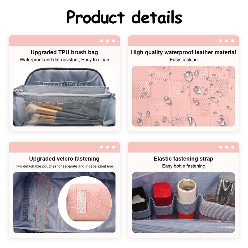 BOYATU Travel Makeup Bags for Women: Sweet Pink Checkered Large Capacity Cosmetic Bag - You Deserve a Little Sweetness Every Day - 3 Pcs Toiletry Organizer Holds 10-20 Full-Size 50-100ML Bottles - Image 5