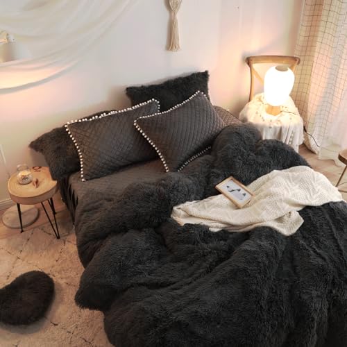 HAIHUA Plush Black Comforter Cover Queen Set, Soft Faux Fur Fluffy Black Bedding Queen Set 3 Pieces (1 Fuzzy Duvet Cover + 2 Furry Pillow Cases) Shaggy Bed Set, Zipper Closure - Image 4