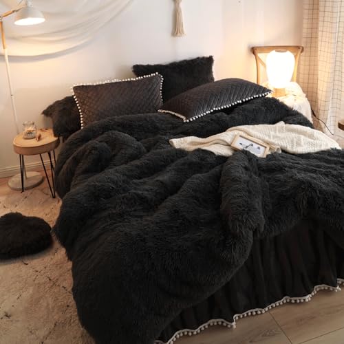 HAIHUA Plush Black Comforter Cover Queen Set, Soft Faux Fur Fluffy Black Bedding Queen Set 3 Pieces (1 Fuzzy Duvet Cover + 2 Furry Pillow Cases) Shaggy Bed Set, Zipper Closure - Image 3