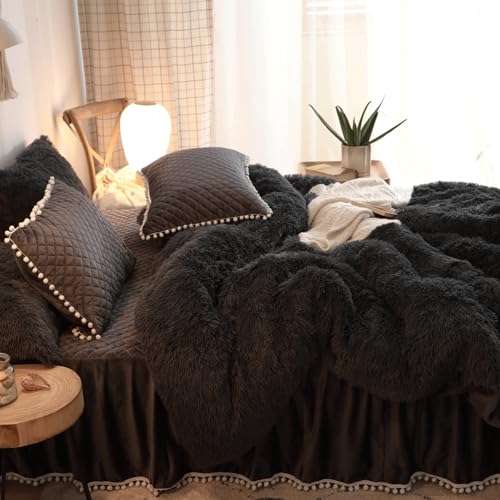 HAIHUA Plush Black Comforter Cover Queen Set, Soft Faux Fur Fluffy Black Bedding Queen Set 3 Pieces (1 Fuzzy Duvet Cover + 2 Furry Pillow Cases) Shaggy Bed Set, Zipper Closure - Image 5
