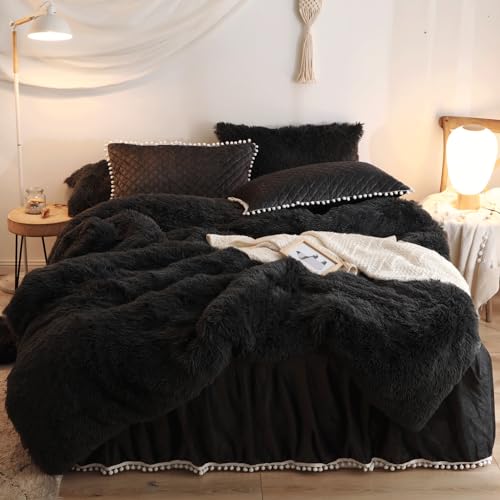 HAIHUA Plush Black Comforter Cover Queen Set, Soft Faux Fur Fluffy Black Bedding Queen Set 3 Pieces (1 Fuzzy Duvet Cover + 2 Furry Pillow Cases) Shaggy Bed Set, Zipper Closure - Image 1