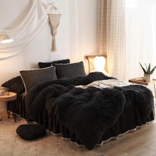 HAIHUA Plush Black Comforter Cover Queen Set, Soft Faux Fur Fluffy Black Bedding Queen Set 3 Pieces (1 Fuzzy Duvet Cover + 2 Furry Pillow Cases) Shaggy Bed Set, Zipper Closure - Image 2