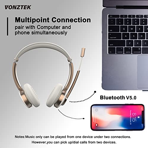 VONZTEK سماعة بلوتوث فوندستيك مع ميكروفون، سماعات رأس لاسلكية مع ميكروفون لإلغاء الضوضاء، 26 ساعة من وقت التحدث، سماعات فوق الأذن مع كتم الميكروفون لجهاز ماك/لابتوب/زوم/تيمز/مركز الاتصال/المكتب/المنزل باللون الذهبي - Image 3