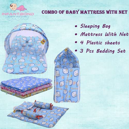 Infantbond Combo of Baby Mattress with Net | Sleeping Bag | 4 Pcs Bedding Set | 4 Waterproof Sheets(0-6 Months)(PID Kitty) (Blue) - Image 2