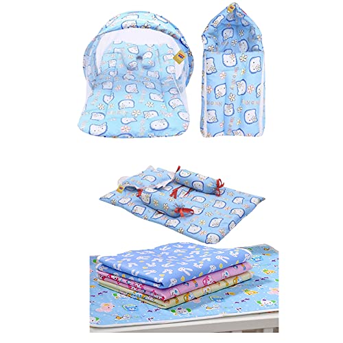 Infantbond Combo of Baby Mattress with Net | Sleeping Bag | 4 Pcs Bedding Set | 4 Waterproof Sheets(0-6 Months)(PID Kitty) (Blue) - Image 1