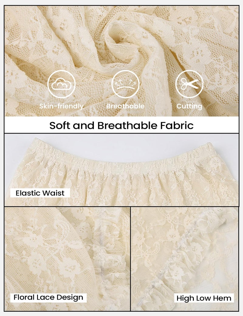 Yimoon Lace Skirts for Women Flowy Boho Maxi Skirt Elastic Asymmetrical Layered See-Through Long Skirt(Beige-S) - Image 5