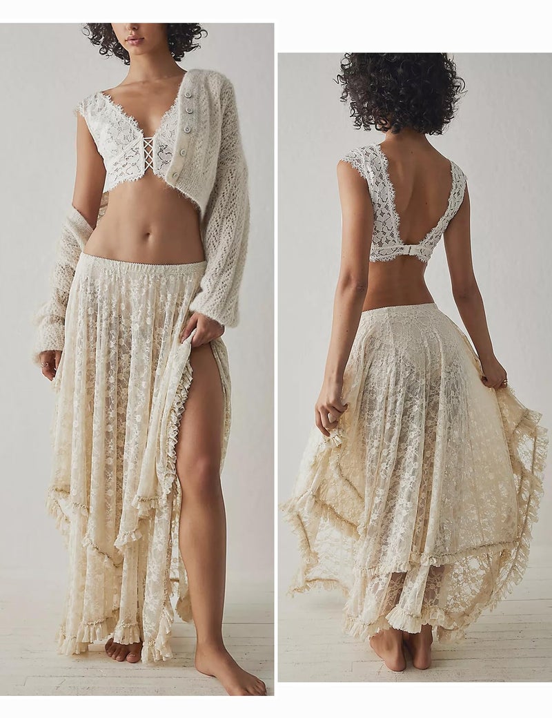 Yimoon Lace Skirts for Women Flowy Boho Maxi Skirt Elastic Asymmetrical Layered See-Through Long Skirt(Beige-S) - Image 2
