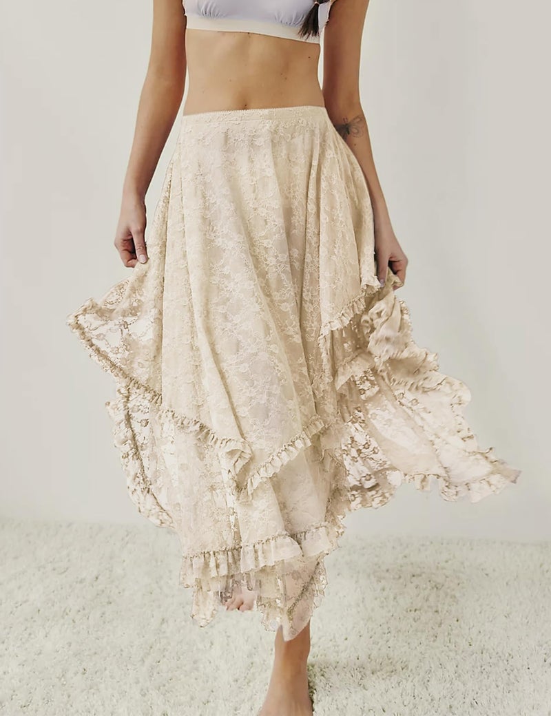 Yimoon Lace Skirts for Women Flowy Boho Maxi Skirt Elastic Asymmetrical Layered See-Through Long Skirt(Beige-S) - Image 4