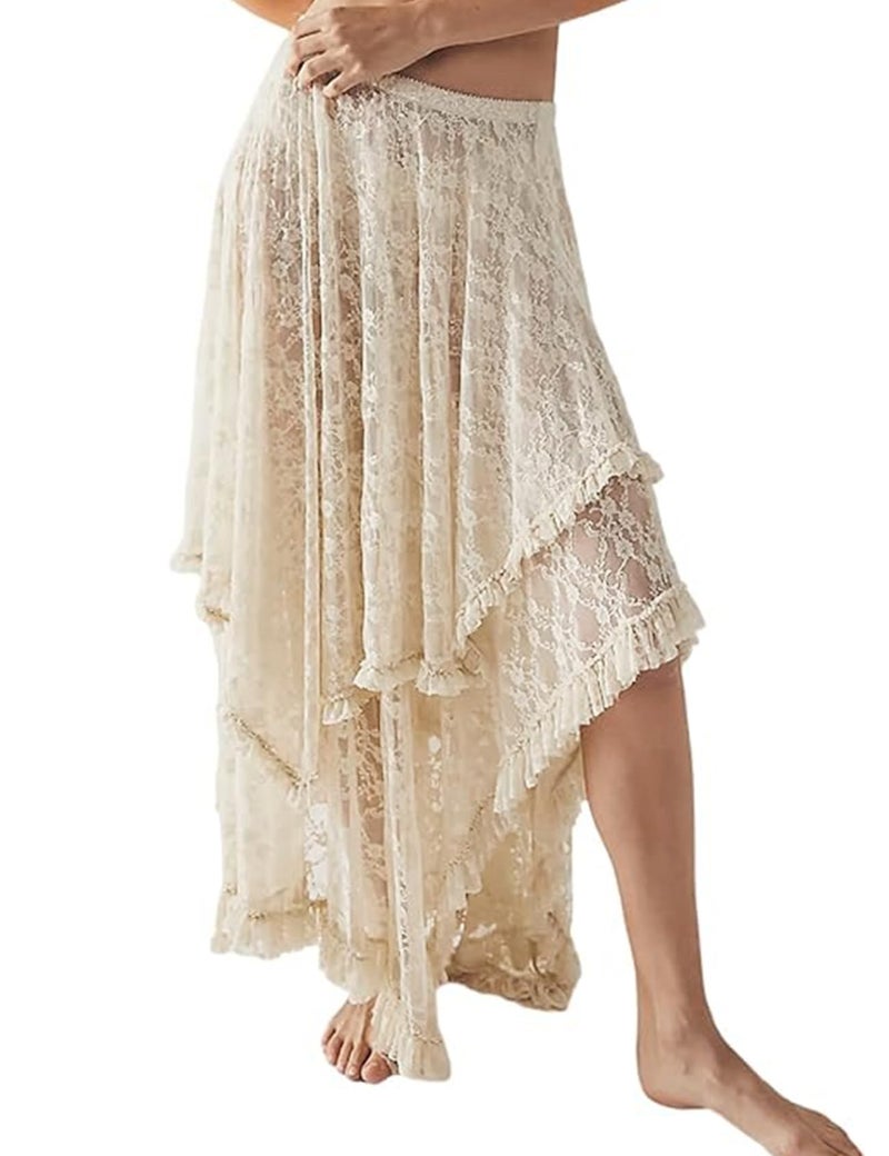 Yimoon Lace Skirts for Women Flowy Boho Maxi Skirt Elastic Asymmetrical Layered See-Through Long Skirt(Beige-S) - Image 1