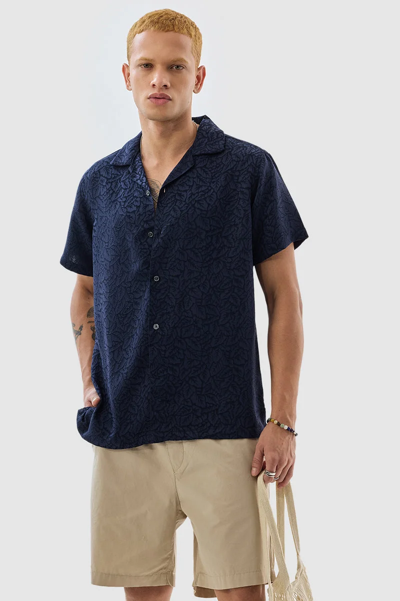 سنيتش Navy Textured Half Sleeve Boxy Shirt