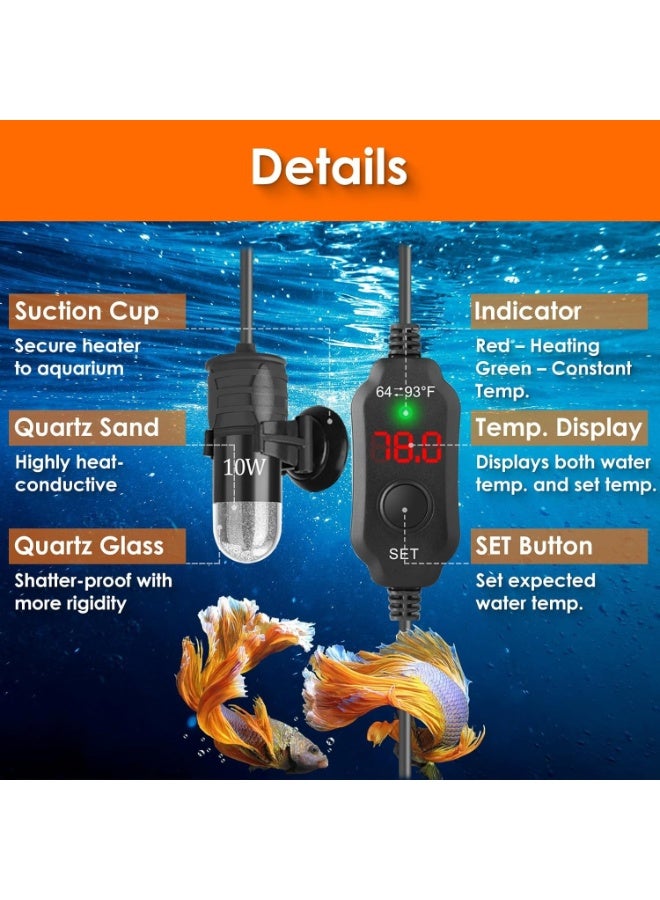 DMG TECH Mini Aquarium Heater 10W Super Small Fish Tank Heater with Digital Display Thermostat, 5V/2A USB Powered Betta Tank Heater Turtle Heater Small Aquarium Heater for Tanks up to 1 Gallon - Image 5