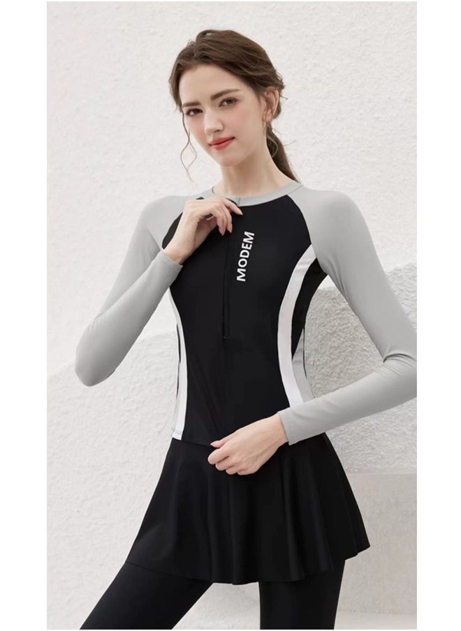 GRKC Modest 3-Piece Swimsuit Set for Women - Includes Swimwear, Swim Skirt & Swim Shorts, UV Protection Bathing Suit, Elegant Tummy Control Design, Perfect for Surfing & Swimming，Black Gray  - Image 2