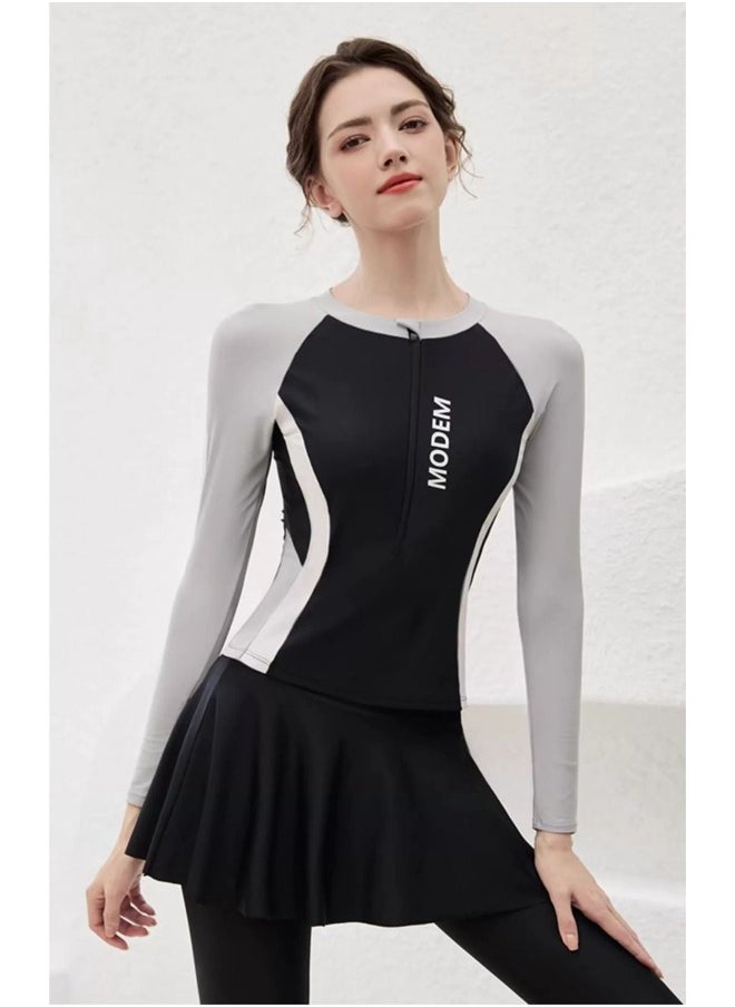 GRKC Modest 3-Piece Swimsuit Set for Women - Includes Swimwear, Swim Skirt & Swim Shorts, UV Protection Bathing Suit, Elegant Tummy Control Design, Perfect for Surfing & Swimming，Black Gray  - Image 3