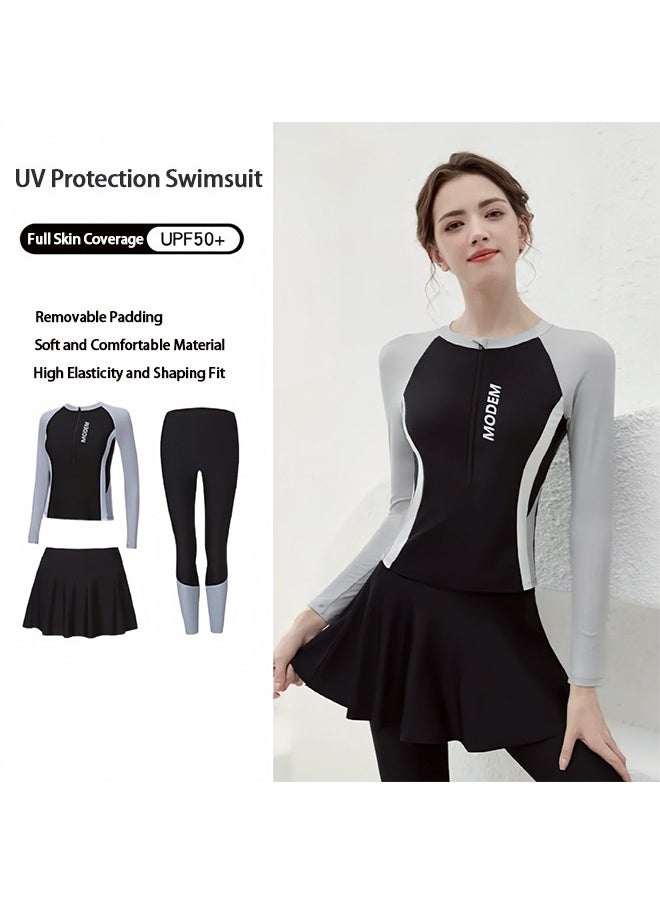 GRKC Modest 3-Piece Swimsuit Set for Women - Includes Swimwear, Swim Skirt & Swim Shorts, UV Protection Bathing Suit, Elegant Tummy Control Design, Perfect for Surfing & Swimming，Black Gray  - Image 1