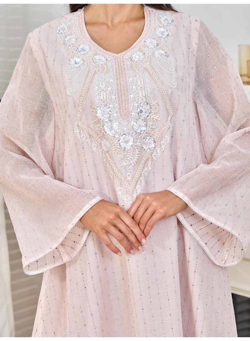 Kaiyuede Abaya Eid Blush Pink White Floral Embroidery Shimmer Polyester Long Sleeve Full Coverage S-XL - Image 3