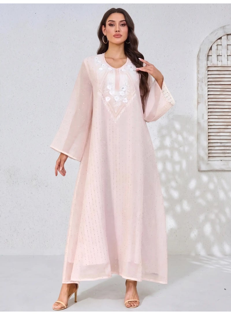 Kaiyuede Abaya Eid Blush Pink White Floral Embroidery Shimmer Polyester Long Sleeve Full Coverage S-XL - Image 1