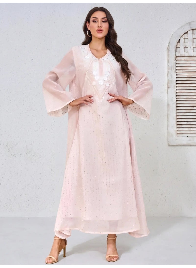 Kaiyuede Abaya Eid Blush Pink White Floral Embroidery Shimmer Polyester Long Sleeve Full Coverage S-XL - Image 4