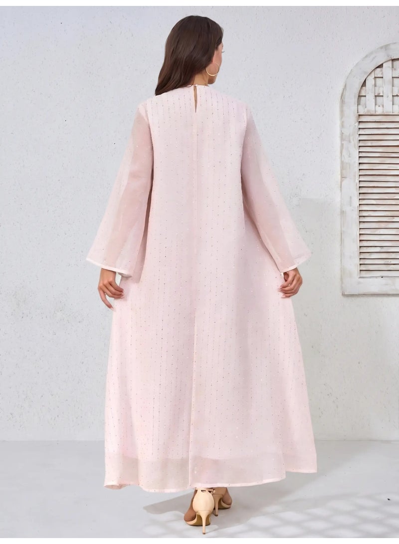 Kaiyuede Abaya Eid Blush Pink White Floral Embroidery Shimmer Polyester Long Sleeve Full Coverage S-XL - Image 2