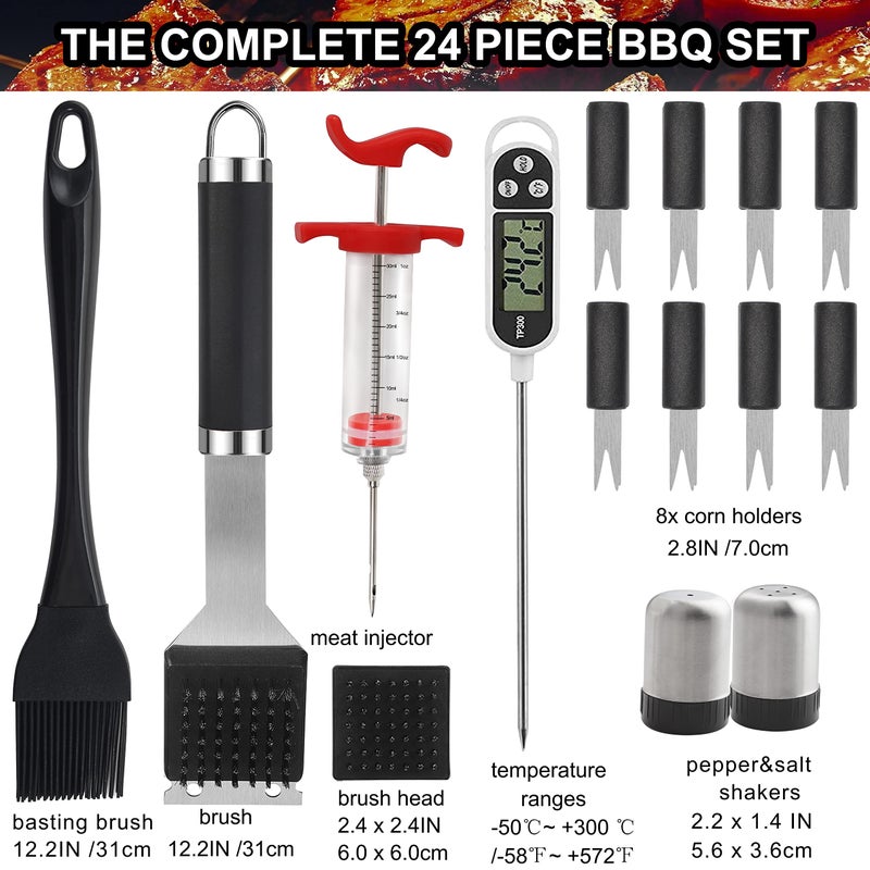 Grilljoy 24PCS BBQ Grill Tools Set with Meat Thermometer and Injector - Extra Thick Stainless Steel Fork, Spatula& Tongs - Complete BBQ Accessories in Aluminum Case - Perfect Grill Gifts for Men - Image 3