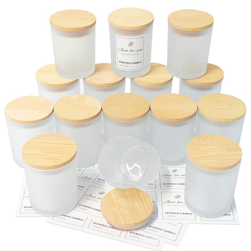 CONNOO 15 Pack 7 OZ Frosted Empty Candle Jars with Bamboo Lids and Sticky Labels for Making Candles  Thick Glass Candle Jars in Bulk with Lids Dishwasher Safe
