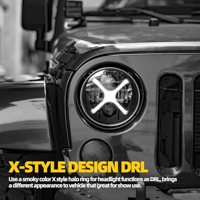 ريحني مصباح أمامي جديد محدث مقاس 7 بوصات باللون الأبيض العنبر على شكل X مصباح أمامي دائري LED متوافق مع جيب رانجلر JK JKU TJ LJ إلخ شعاع عالي ومنخفض DRL H6024 Dot مقاوم للماء - Image 3