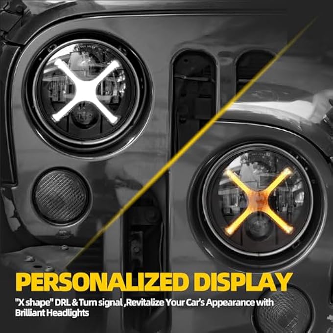 ريحني مصباح أمامي جديد محدث مقاس 7 بوصات باللون الأبيض العنبر على شكل X مصباح أمامي دائري LED متوافق مع جيب رانجلر JK JKU TJ LJ إلخ شعاع عالي ومنخفض DRL H6024 Dot مقاوم للماء - Image 4