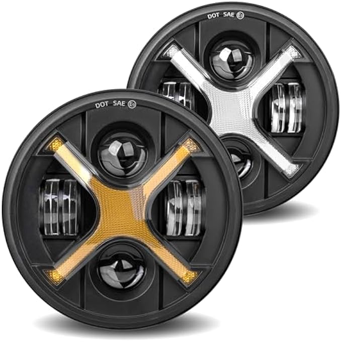 ريحني مصباح أمامي جديد محدث مقاس 7 بوصات باللون الأبيض العنبر على شكل X مصباح أمامي دائري LED متوافق مع جيب رانجلر JK JKU TJ LJ إلخ شعاع عالي ومنخفض DRL H6024 Dot مقاوم للماء - Image 2