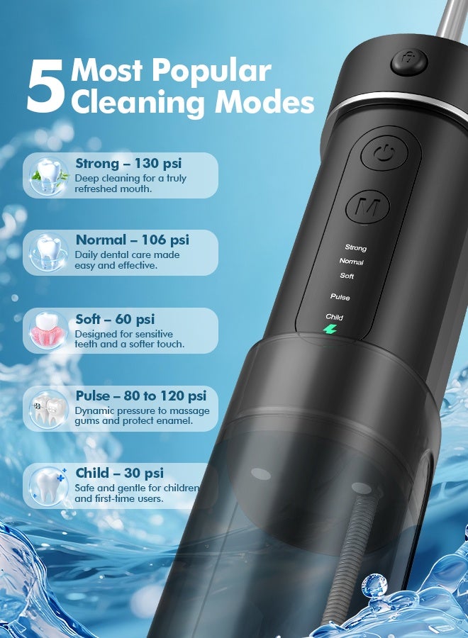 وافلو خيط مائي صغير ومحمول للسفر – جهاز تنظيف الأسنان بالماء لاسلكي بـ5 أوضاع، مزود بخزان ماء تلسكوبي و4 فوهات، مقاوم للماء بمعيار IPX7 لتنظيف الأسنان والعناية بالتقويم والدعامات. - Image 5
