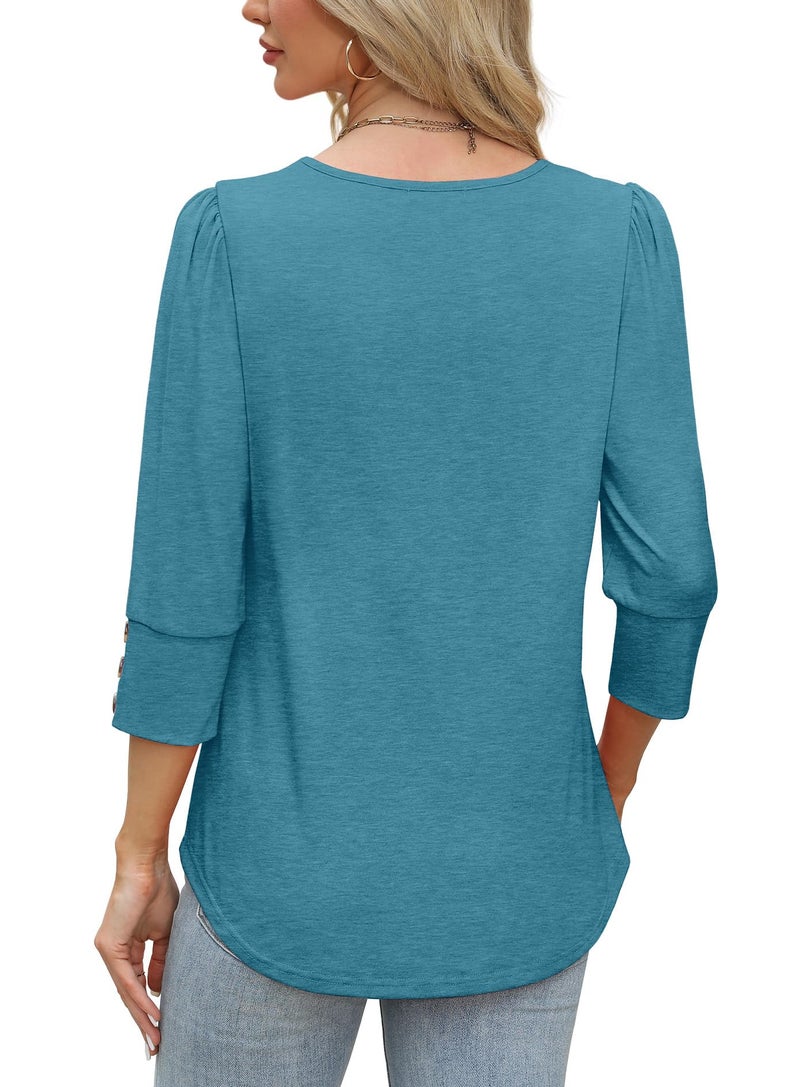 OFEEFAN Plus Size Tops for Women Business Work Dressy Casual Blouses Trendy Summer Cute Tshirts Shirts with Buttons Fashion Clothing Turquoise L - Image 5