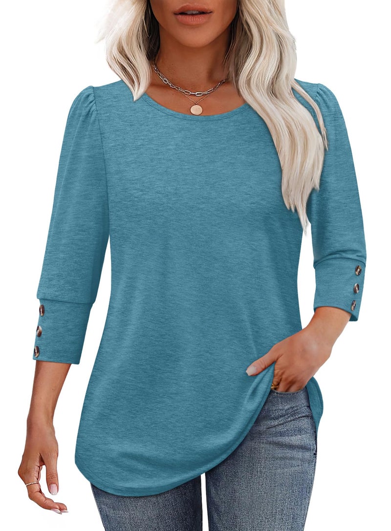 OFEEFAN Plus Size Tops for Women Business Work Dressy Casual Blouses Trendy Summer Cute Tshirts Shirts with Buttons Fashion Clothing Turquoise L - Image 2