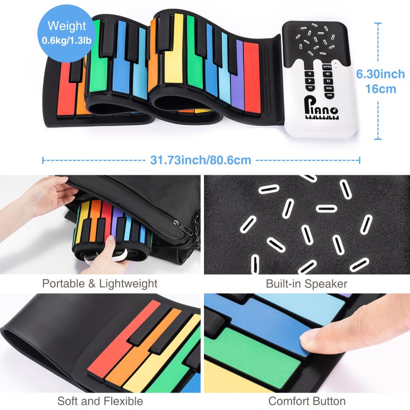 POGOLAB 49 Key Roll Up Keyboard Piano, Portable Digital Electric Foldable Piano Keyboard, Rechargeable, 8 Tones, 6 Educational Demo Songs, for Beginners Gift (Rainbow) - Image 5