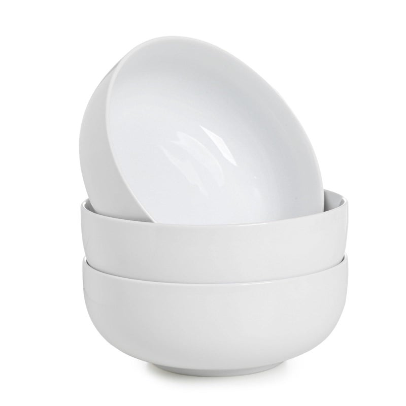 WishDeco Large Soup Bowls Set of 3 Ceramic Salad Bowls 1100ml White Pasta Bowl Serving Bowl for Noodle Ramen Fruit Dessert Cereal