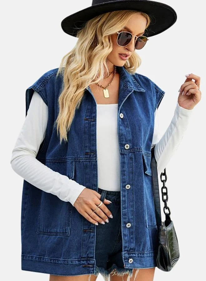 يونيكي Blue Collared Sleeveless Denim Jacket