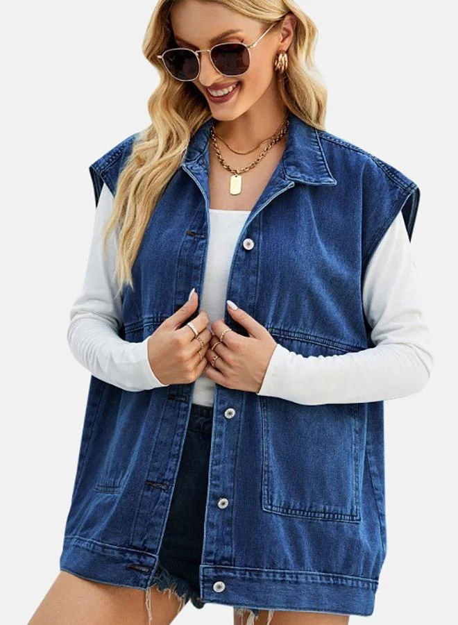 يونيكي Blue Collared Sleeveless Denim Jacket