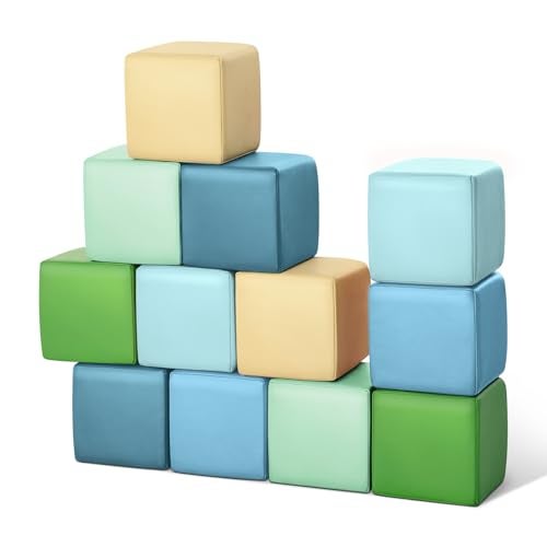 Todiby Foam Building Blocks for Toddlers12Pieces Wipeable Leather Stacking Cubes Kids Large Soft Toys Play Set for Learning Construction Baby Preschool Daycare Therapy Birthday Gift Yellow Green - Image 1