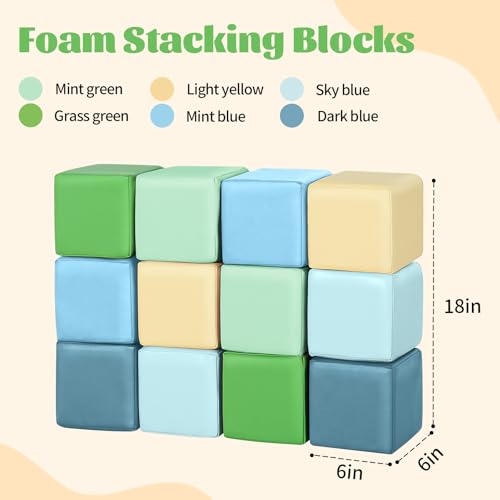 Todiby Foam Building Blocks for Toddlers12Pieces Wipeable Leather Stacking Cubes Kids Large Soft Toys Play Set for Learning Construction Baby Preschool Daycare Therapy Birthday Gift Yellow Green - Image 5