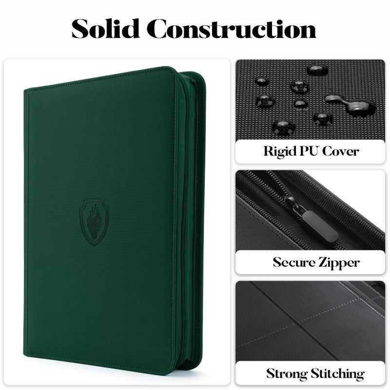 Fabmaker 9 Pocket Zipper Card Binder, Fabmaker 360 Trading Card Holder Book, Premium PU Cover Zip Binder for Cards, Durable Side Loading Card Folders Album for MTG, TCG, Game Cards, Sports Cards, Dark Green - Image 2