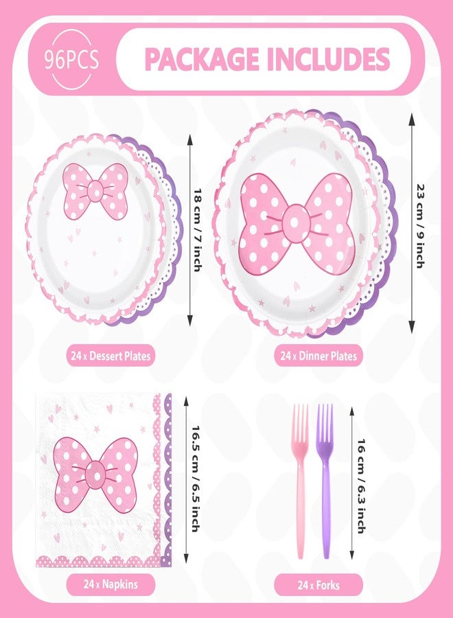 Greencian 96Pcs Cartoon Mouse Party Decorations Cute Mouse Birthday Paper Plates and Napkins Tableware Sets Pink and Purple Bows Themed Decor for Girls Holiday Birthday Party Supplies Serves 24 - Image 2