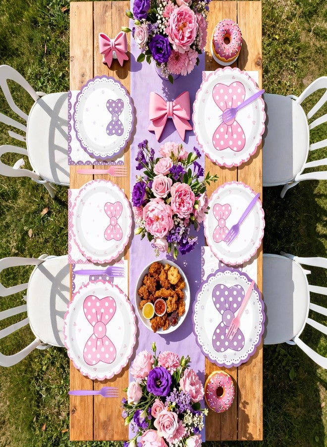 Greencian 96Pcs Cartoon Mouse Party Decorations Cute Mouse Birthday Paper Plates and Napkins Tableware Sets Pink and Purple Bows Themed Decor for Girls Holiday Birthday Party Supplies Serves 24 - Image 3