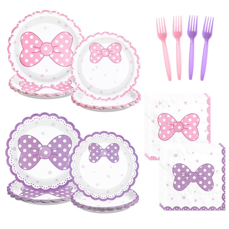 Greencian 96Pcs Cartoon Mouse Party Decorations Cute Mouse Birthday Paper Plates and Napkins Tableware Sets Pink and Purple Bows Themed Decor for Girls Holiday Birthday Party Supplies Serves 24 - Image 1