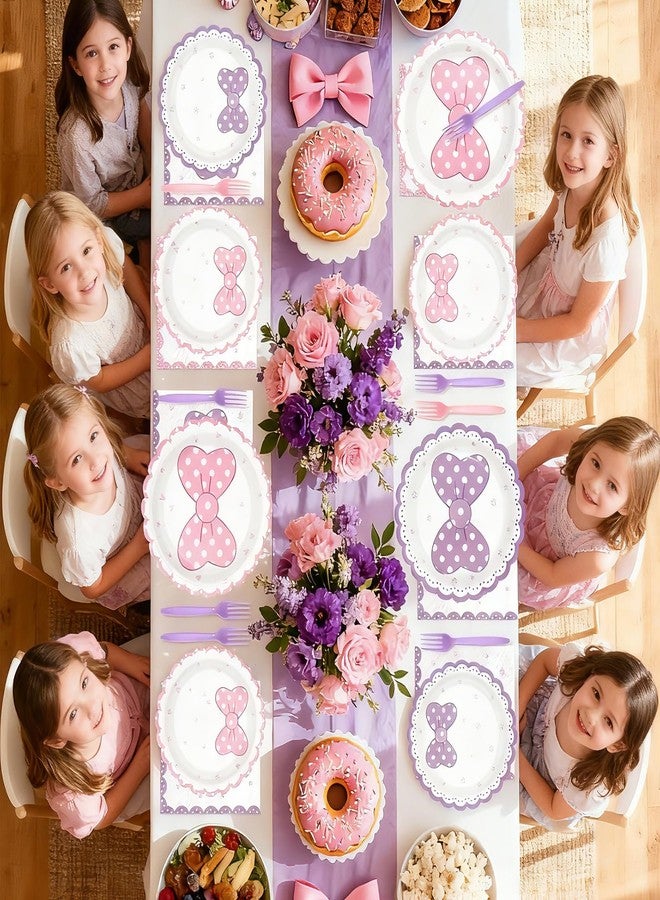 Greencian 96Pcs Cartoon Mouse Party Decorations Cute Mouse Birthday Paper Plates and Napkins Tableware Sets Pink and Purple Bows Themed Decor for Girls Holiday Birthday Party Supplies Serves 24 - Image 4