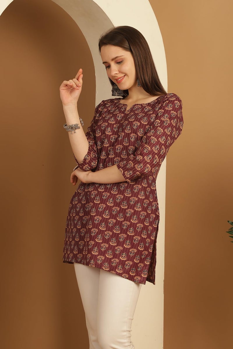 Rajnandini Women's Cotton Foil Printed Relaxed Fit Tunic Shirt (Joplst703-Xxl_Wine_Xxl) - Image 4