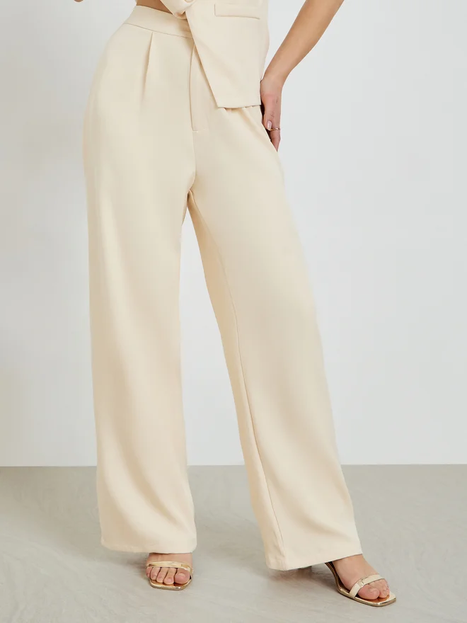 Styli  Styli Beige Front-Button Waistcoat and Wide Leg Trousers Co-ords  | Best Price UAE