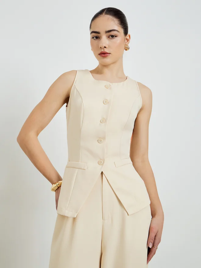 Styli  Styli Beige Front-Button Waistcoat and Wide Leg Trousers Co-ords  | Best Price UAE