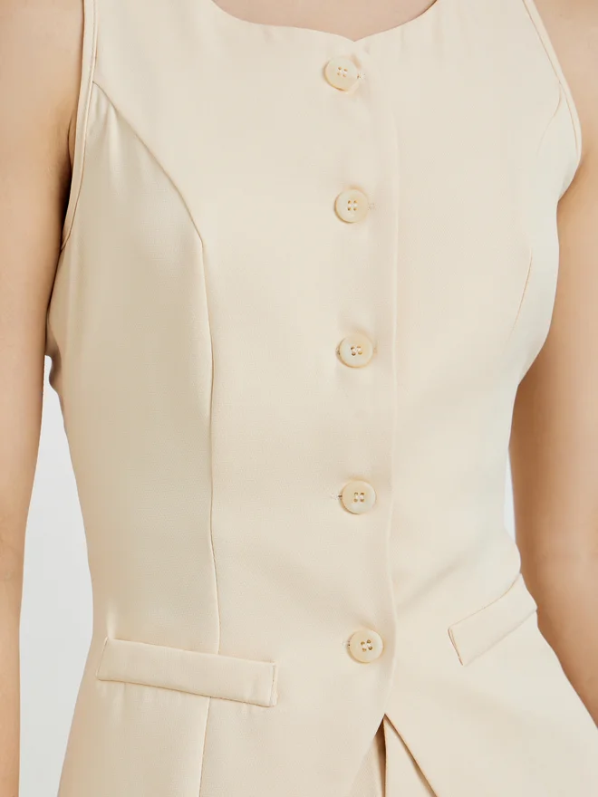 Styli  Styli Beige Front-Button Waistcoat and Wide Leg Trousers Co-ords  | Best Price UAE